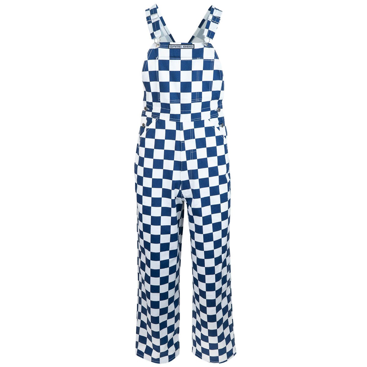 Navy and white checkered gameday bibs overalls
